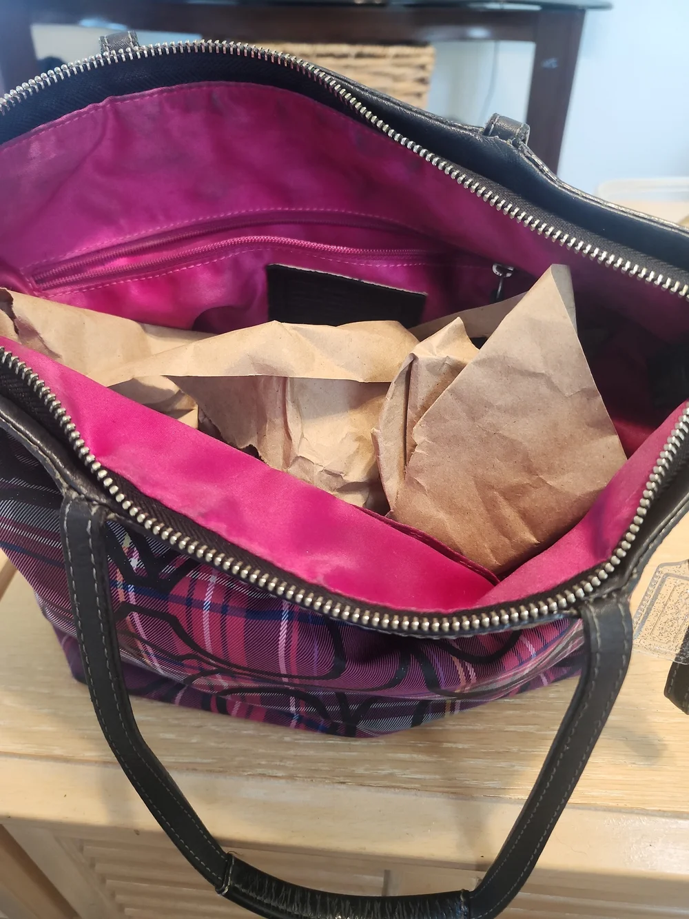 Coach Purple Pink Plaid Tote with Signature Circle Logo
